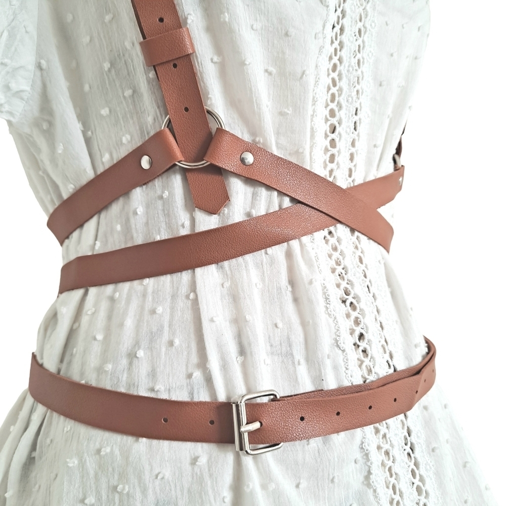 Faux leather brown Underbust adjustable harness suspenders sexy waist belt - Picture 9 of 15